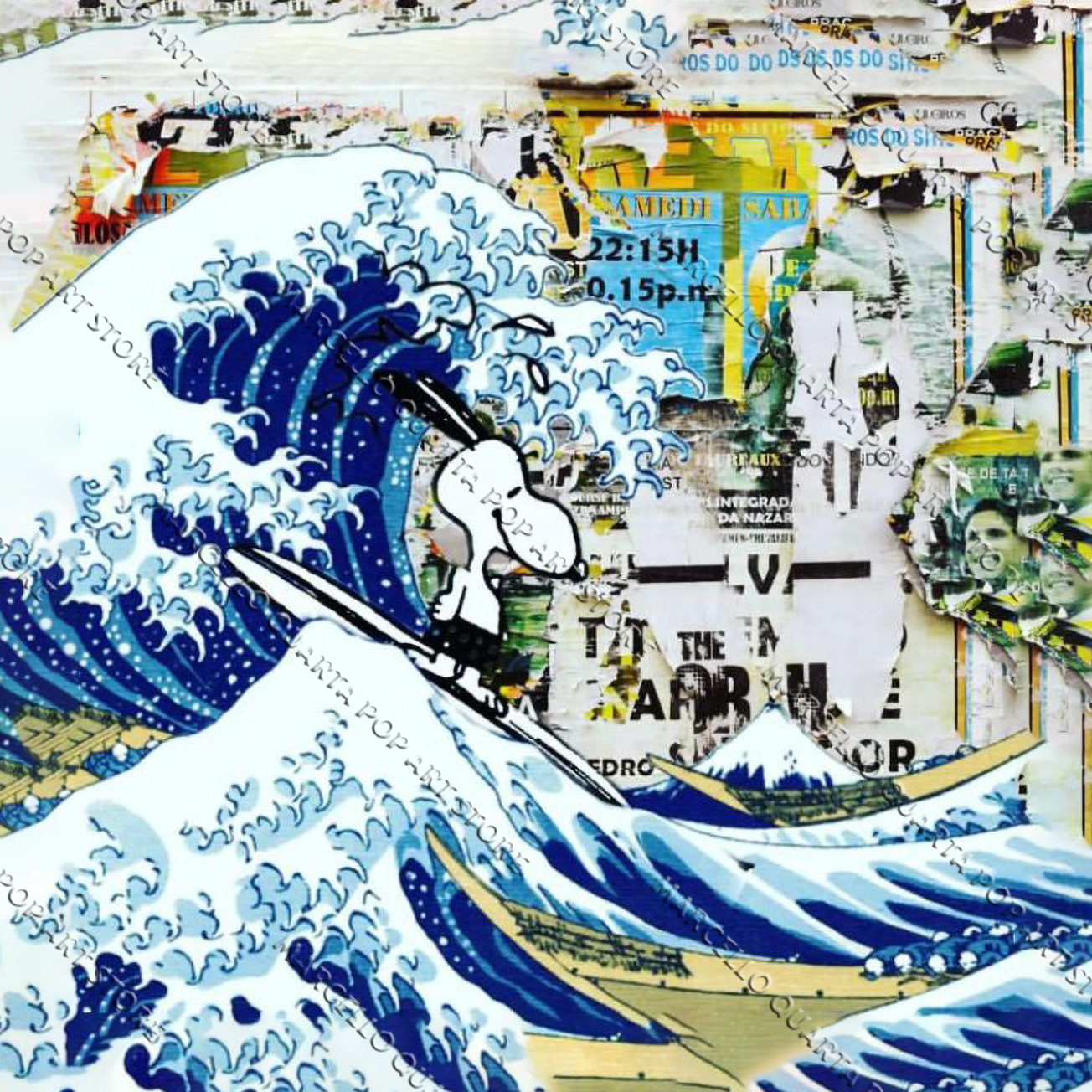 Snoopy sulla Grande Onda di Hokusai con collage urbano e dettagli pop