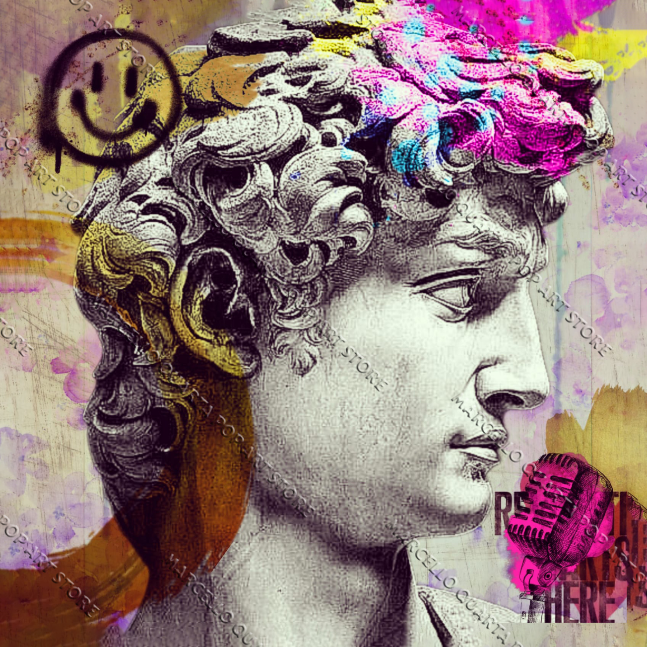 David di Michelangelo in versione street art con graffiti fluo, smiley ribelle e microfono rosa in mano