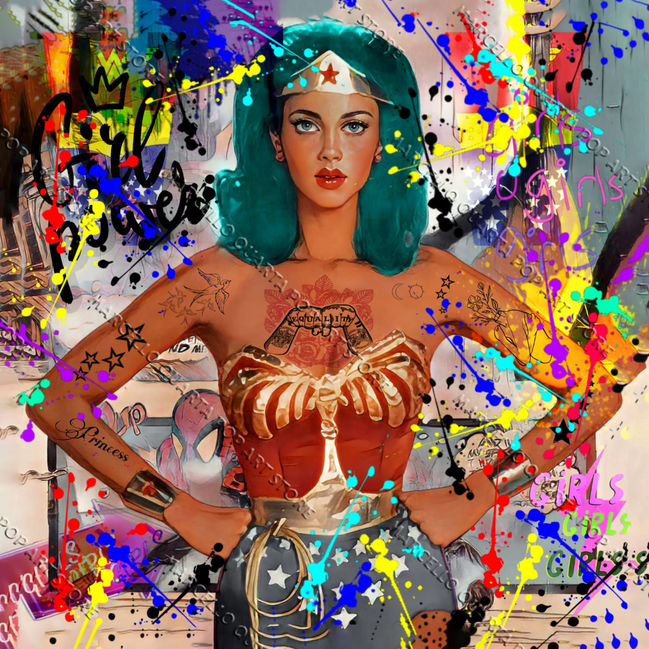 Donna ispirata a Wonder Woman con tatuaggi, sfondo pop e graffiti multicolore in un'esplosione di colori e simboli di emancipazione