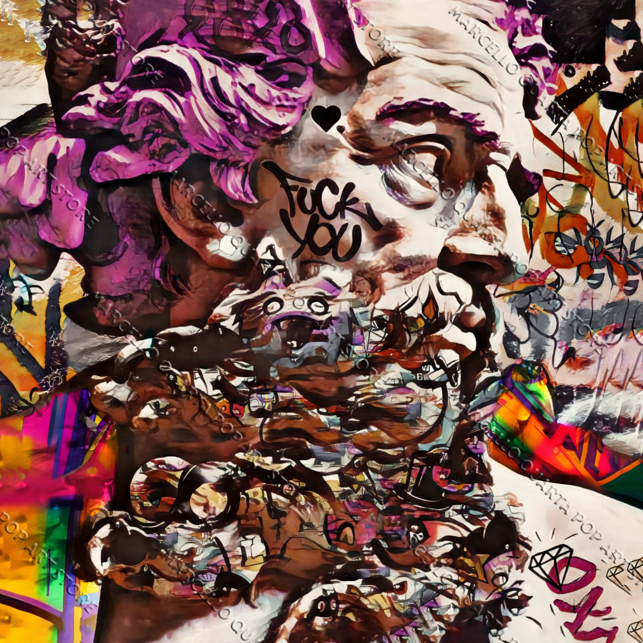 Statua di Zeus ricoperta da graffiti, tag “F*ck You”, emoji e simboli pop in un’esplosione di colori e caos urban