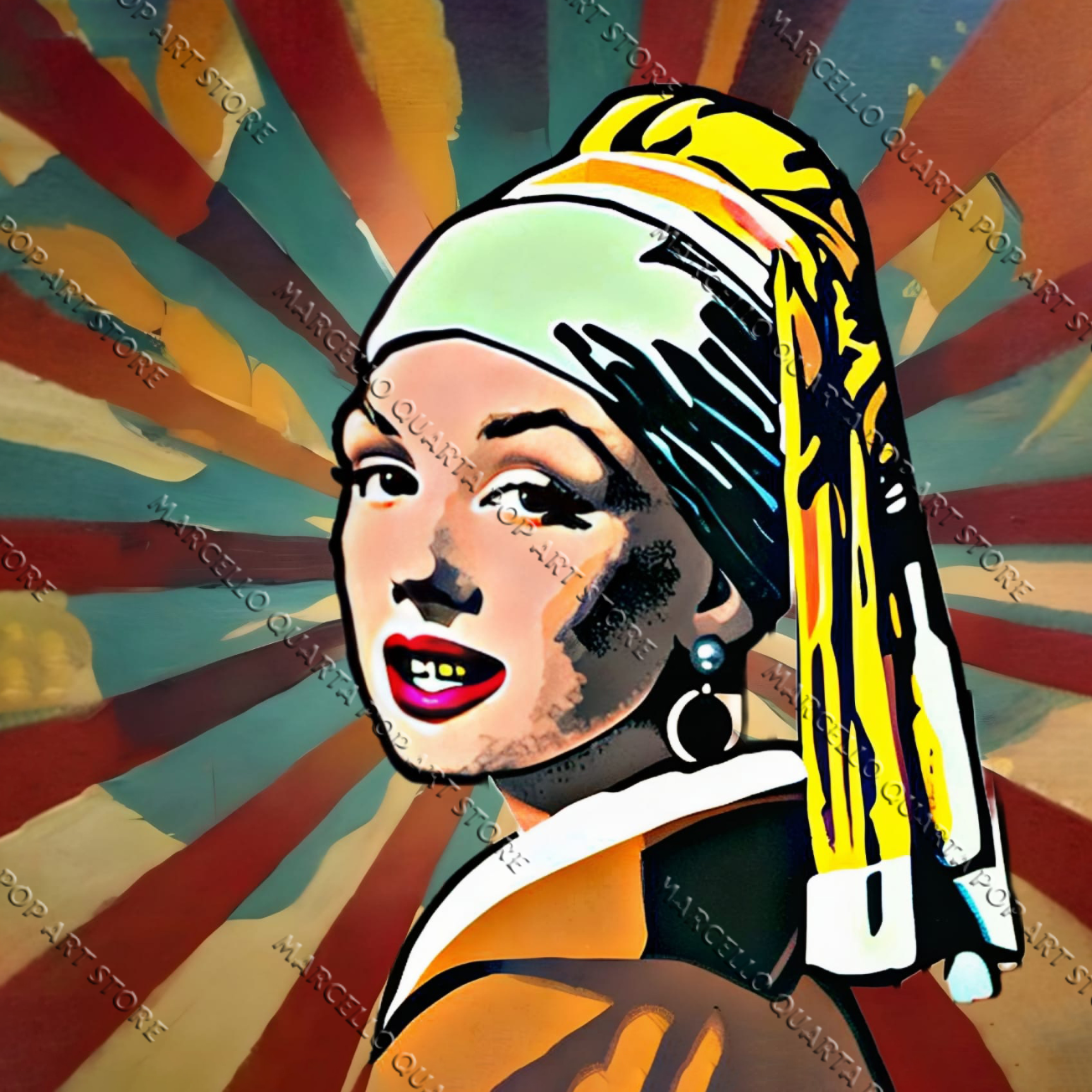 La ragazza con l’orecchino di perla in versione fumetto pop, con grillz dorato, sfondo psichedelico e sguardo da pin-up