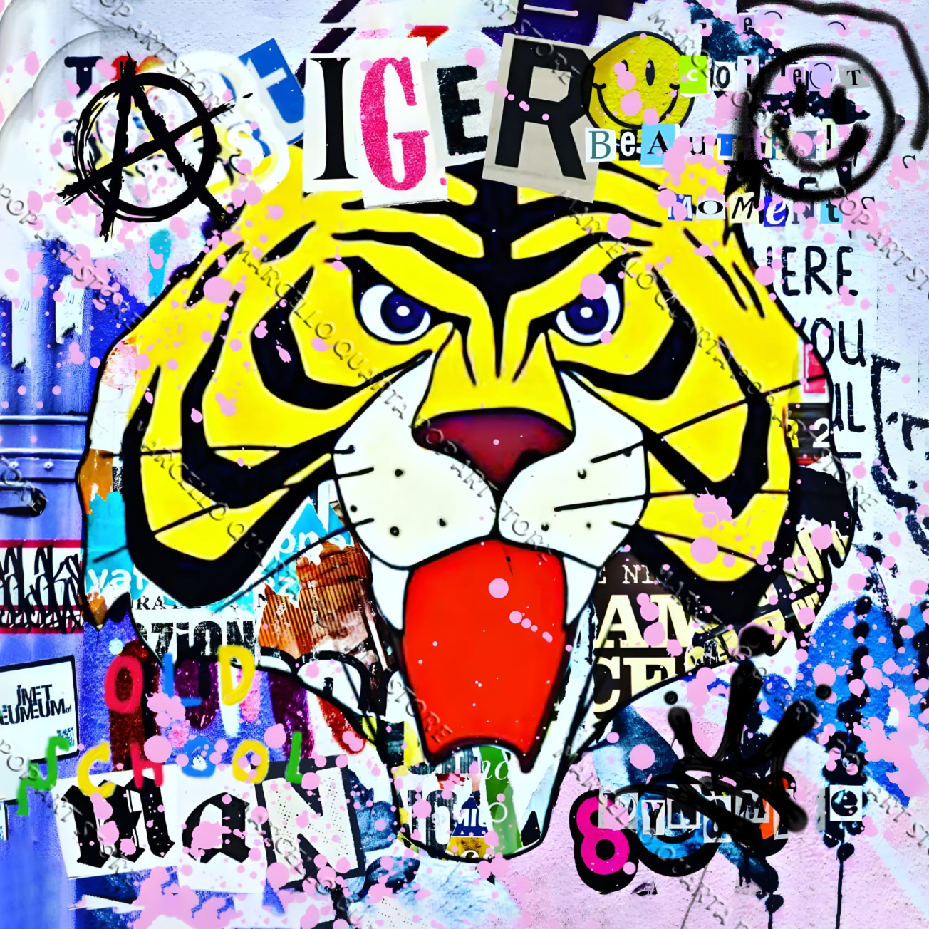 Quadro pop art “Anarchy Tiger” di Marcello Quarta – Tigre ribelle con graffiti e colori fluo, arte urbana su tela