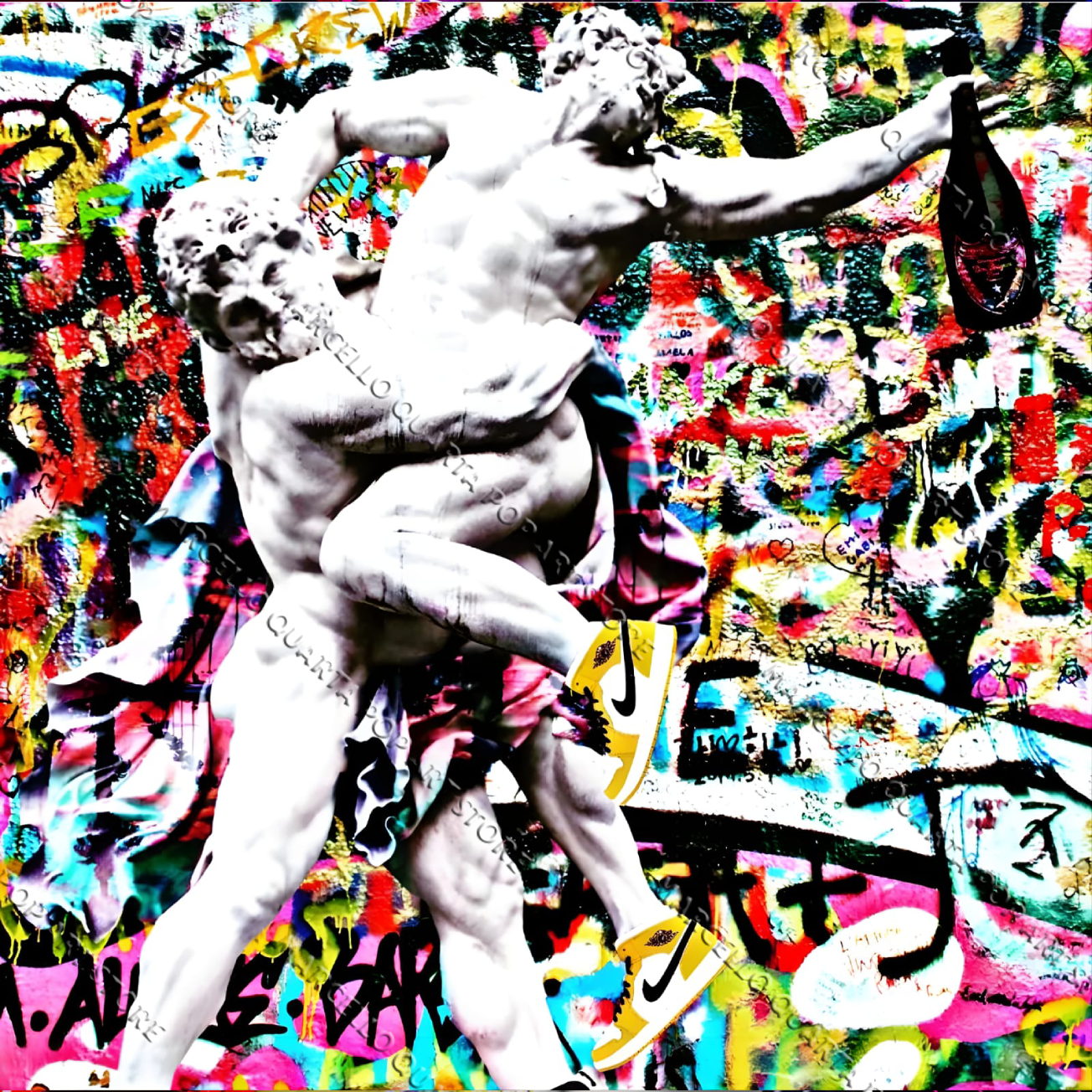 Statue barocche contaminate da graffiti, colore fluo e simboli di cultura urbana, con bottiglia e sneakers in stile provocatorio