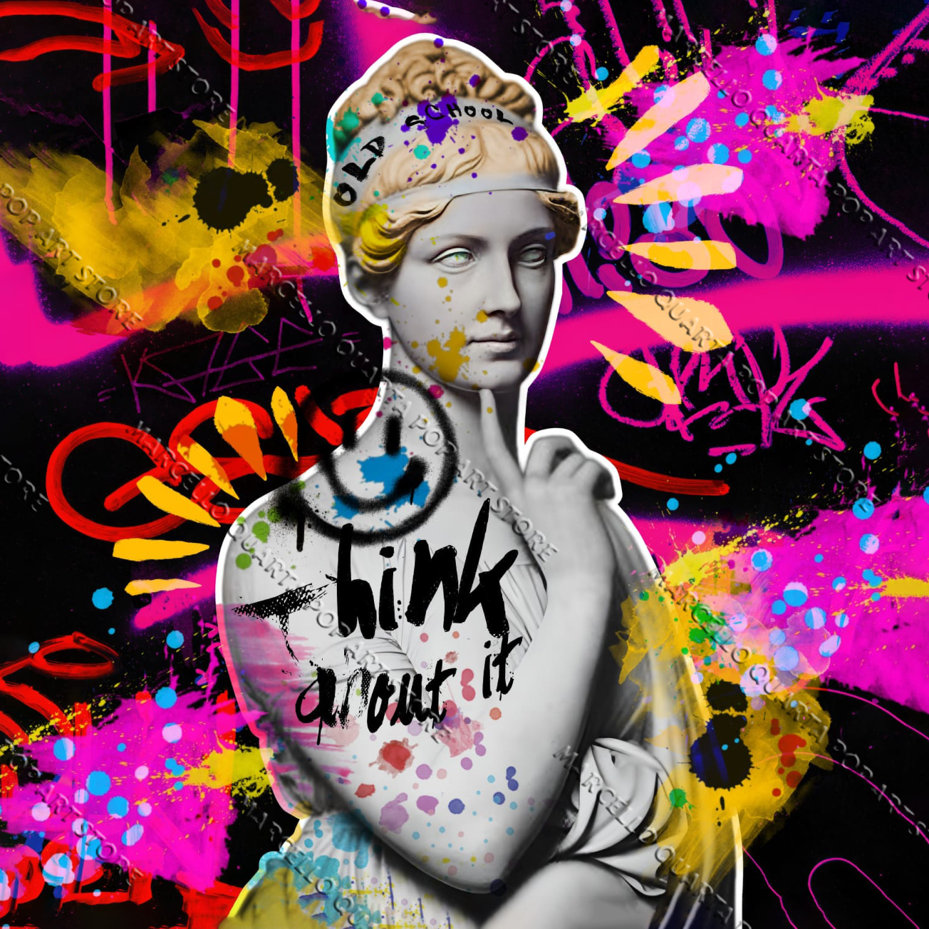 Quadro pop art “Think About” di Marcello Quarta – Venere neoclassica con graffiti fluo su tela, arte critica urbana