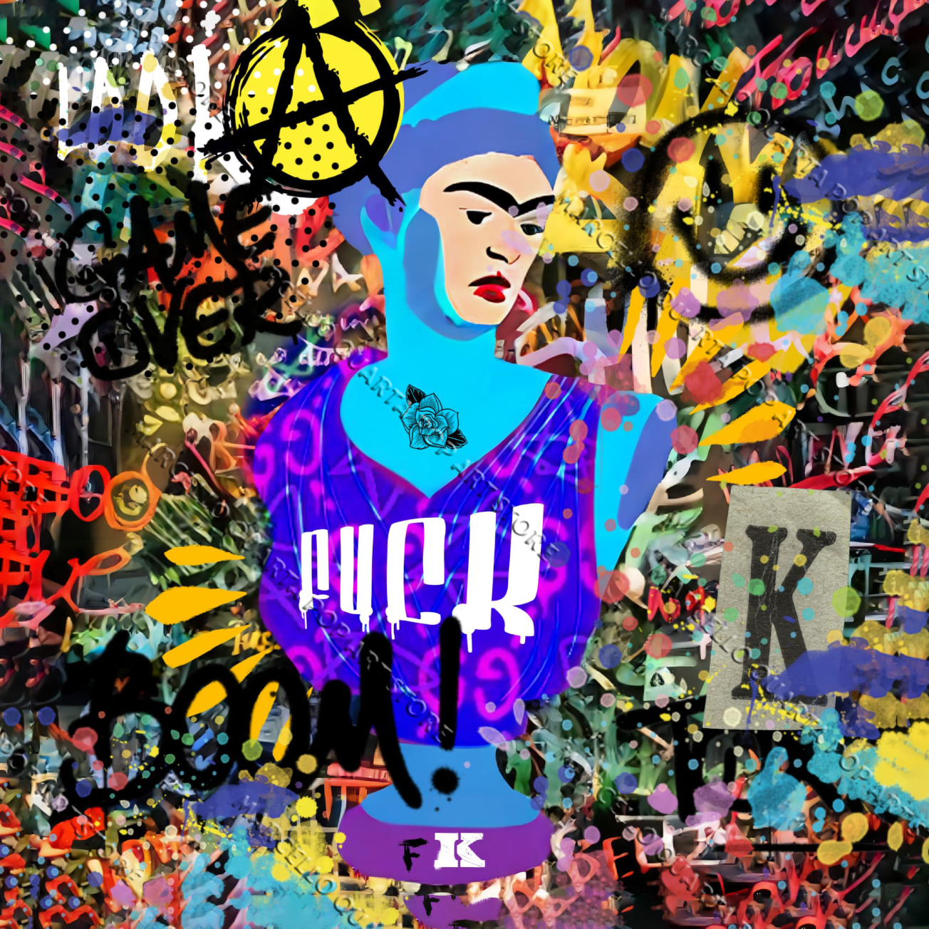 Frida Kahlo con pelle blu, tatuaggi, scritte ribelli e graffiti colorati in stile punk metropolitano