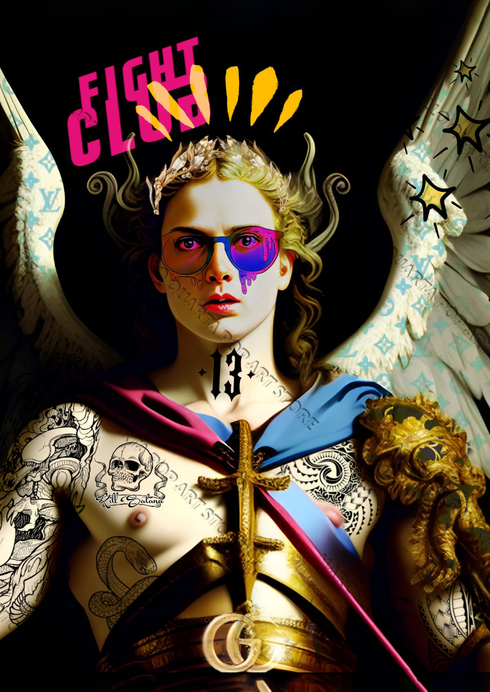 San Michele punk con ali Louis Vuitton, tatuaggi, occhiali fluo e cintura Gucci in una scena di ribellione urbana