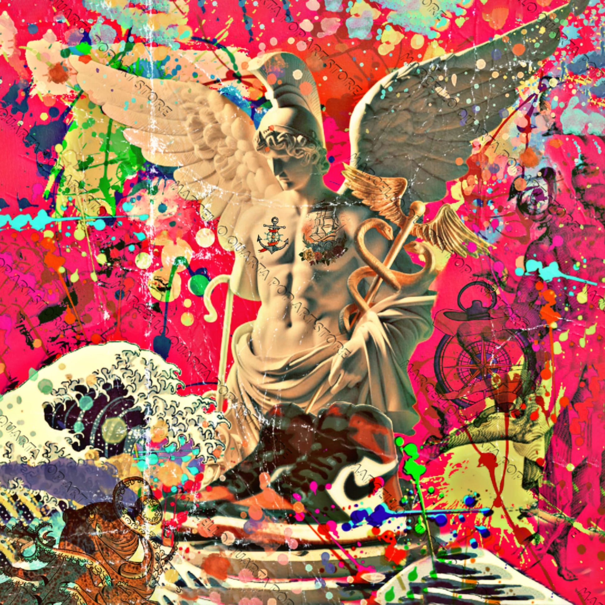 Statua di Mercurio reinterpretata in stile pop con colori fluo e riferimenti giapponesi