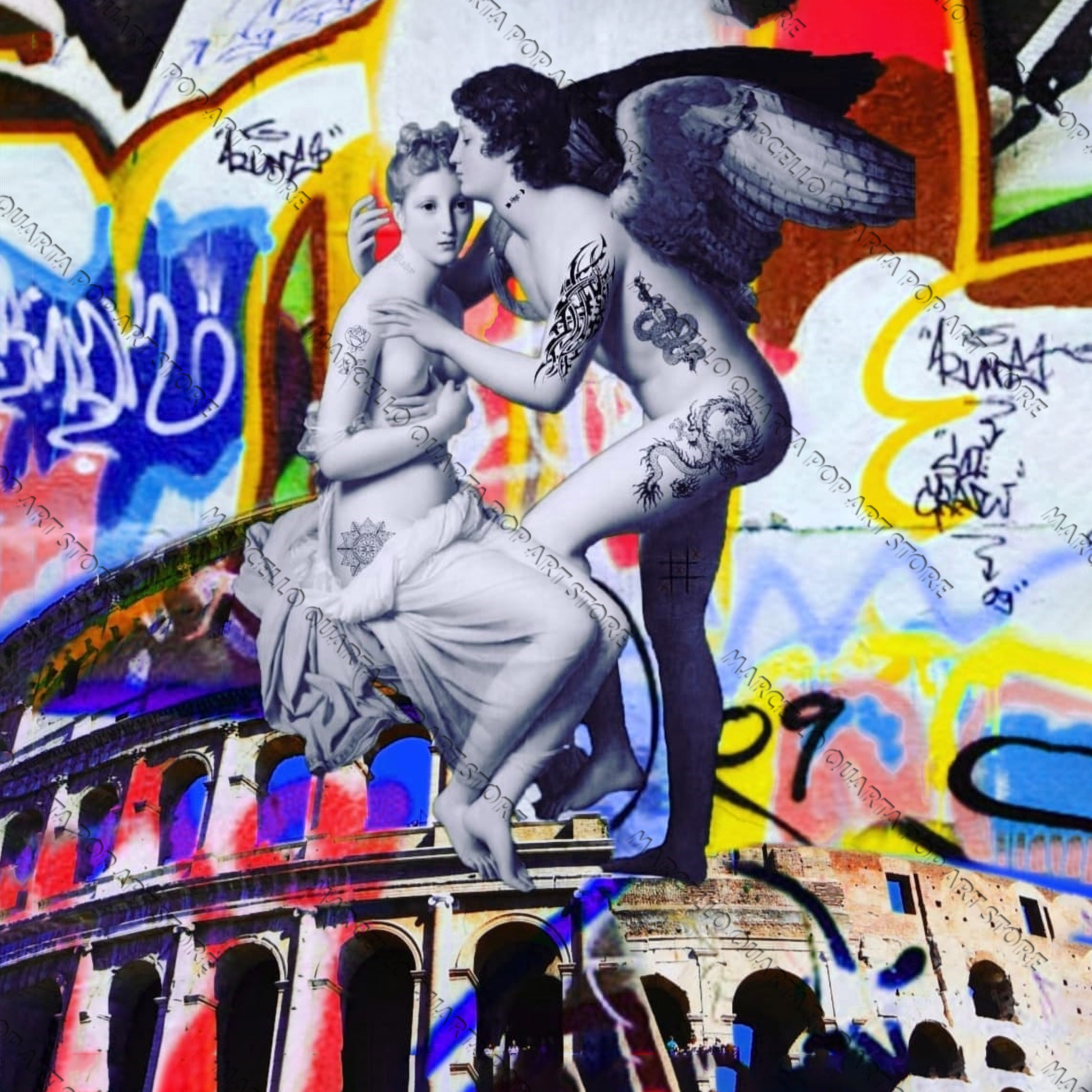 Quadro pop art “Amore & Vandali” di Marcello Quarta – coppia mitologica tatuata e graffiti urbani su tela, arte pop contemporanea