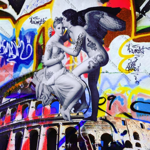 Quadro pop art “Amore & Vandali” di Marcello Quarta – coppia mitologica tatuata e graffiti urbani su tela, arte pop contemporanea