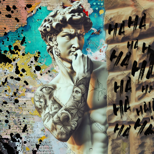 Quadro pop art “David Reloaded” di Marcello Quarta – scultura rinascimentale modernizzata con graffiti colorati su tela