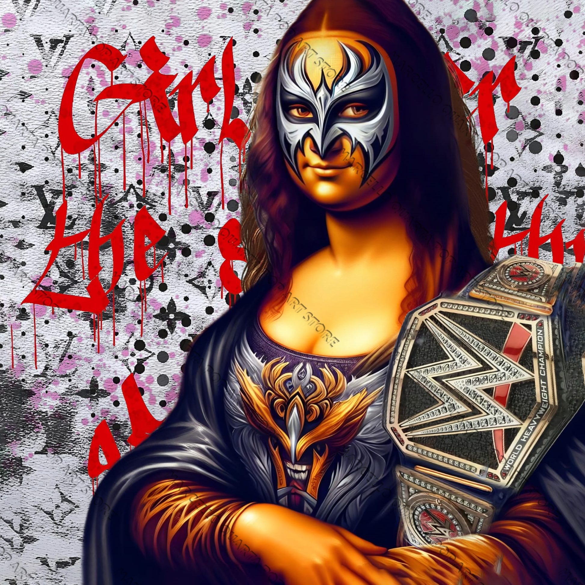 Gioconda in versione wrestler con maschera, graffiti e cintura da campionessa WWE