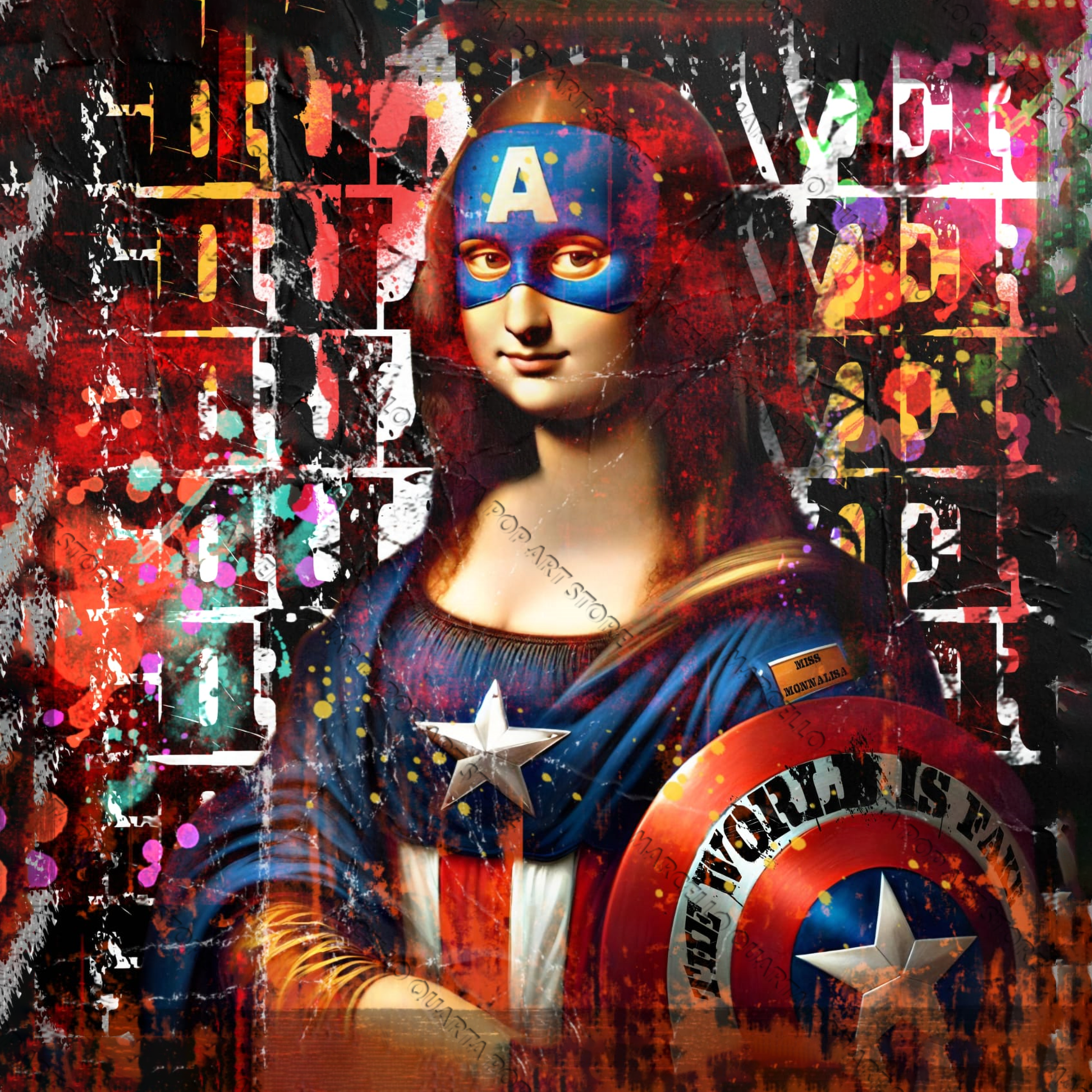 Gioconda pop in costume di Capitan America con scudo e graffiti urbani
