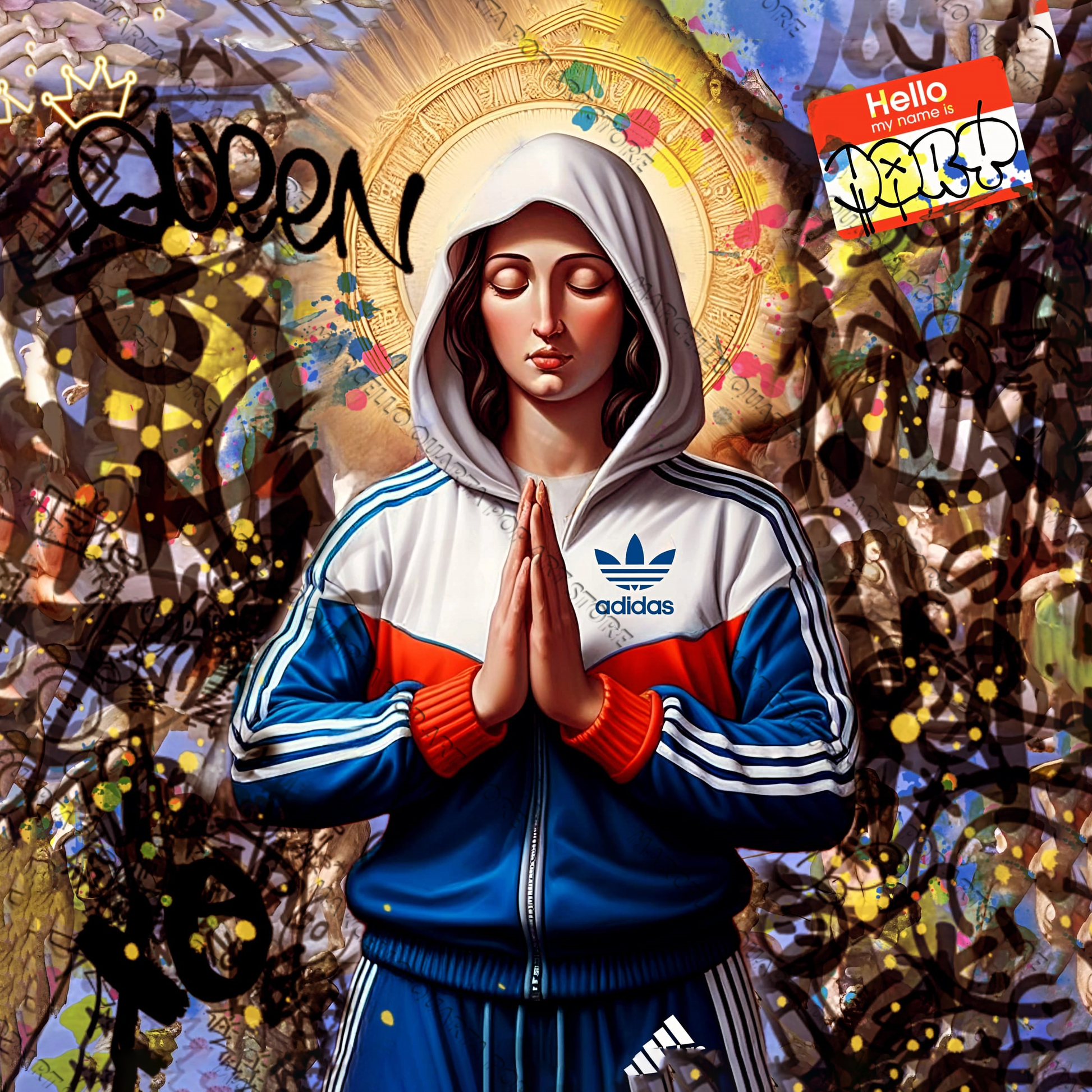 Madonna urbana in tuta Adidas tra graffiti e aureola dorata in stile pop street art