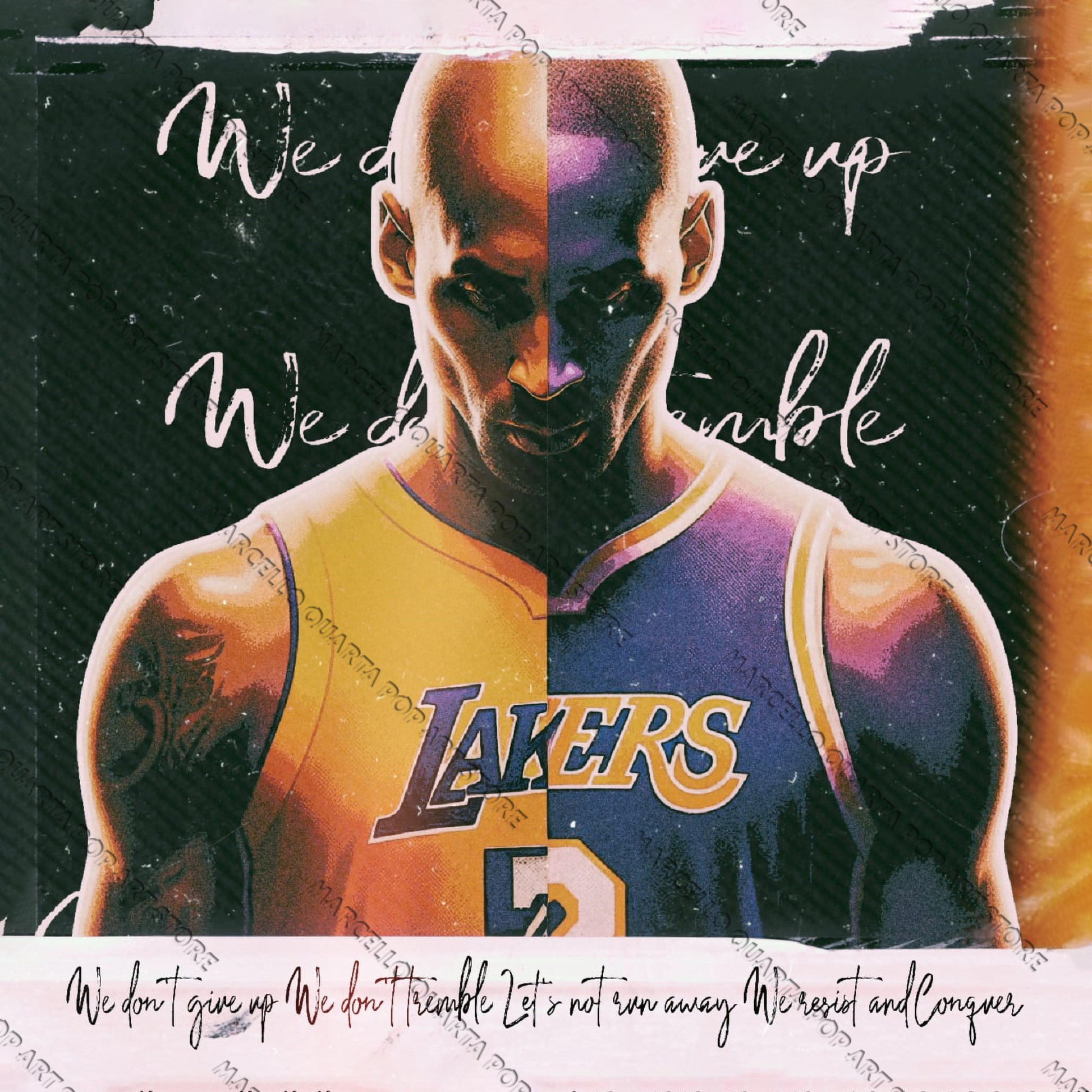 Ritratto pop art di Kobe Bryant tra luce dorata, scritte motivazionali e spirito eroico