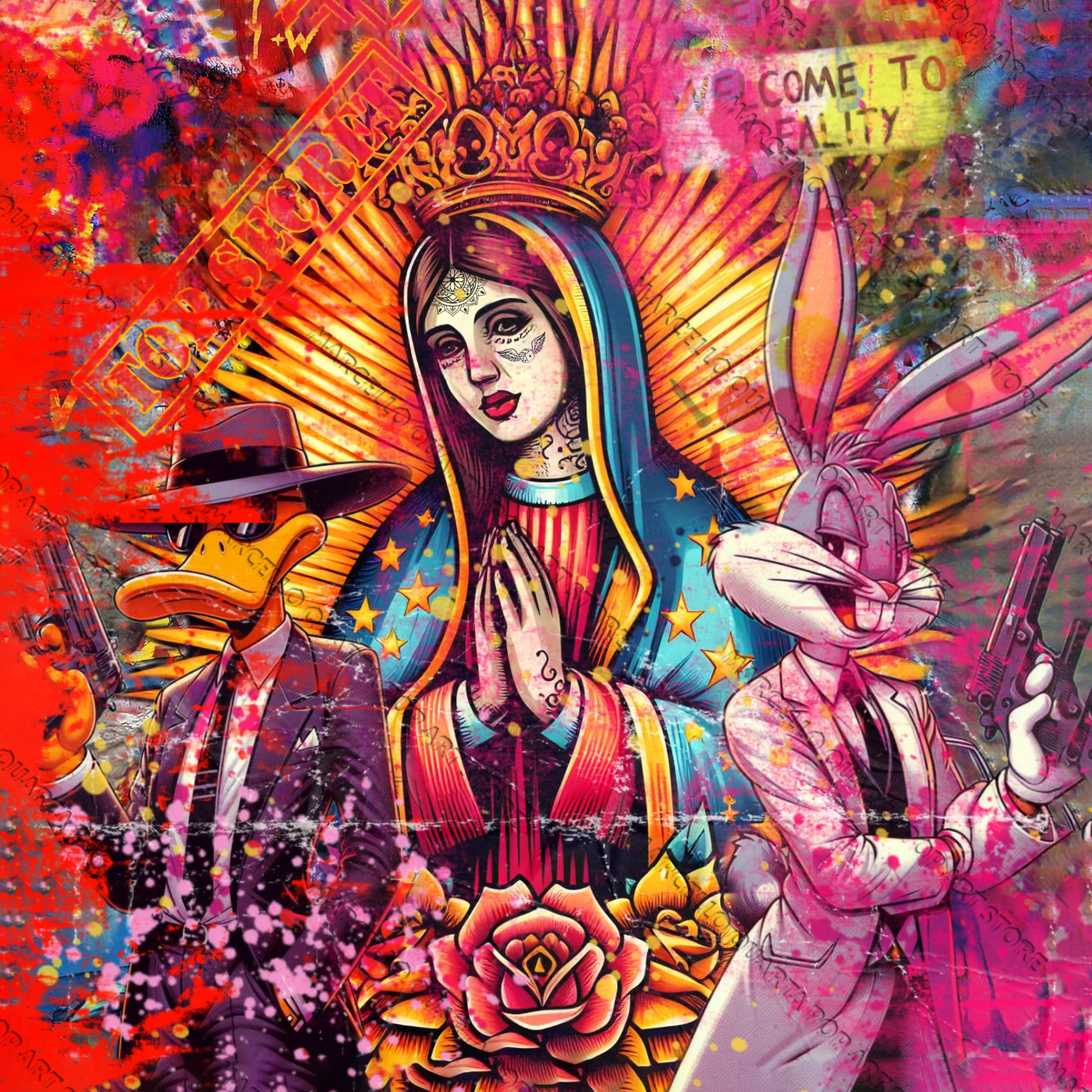 Madonna tatuata tra Bugs Bunny e Daffy Duck gangster in un’esplosione di colori e graffiti