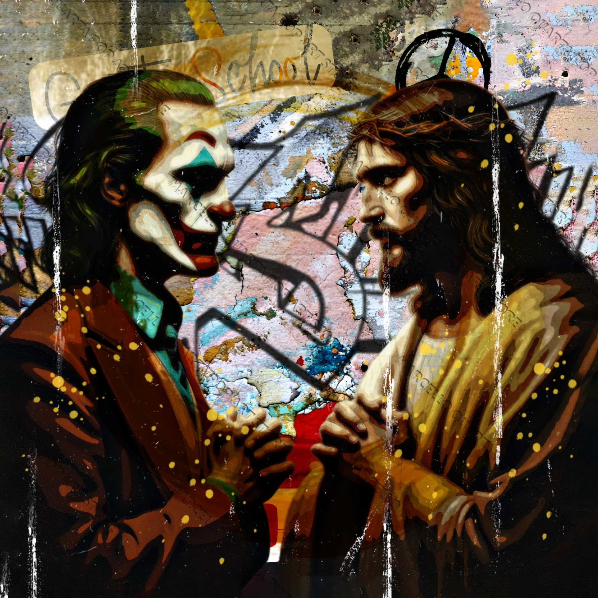Gesù e Joker in un’opera pop art urbana di Marcello Quarta, tra sacro e anarchia su sfondo di graffiti e caos visivo
