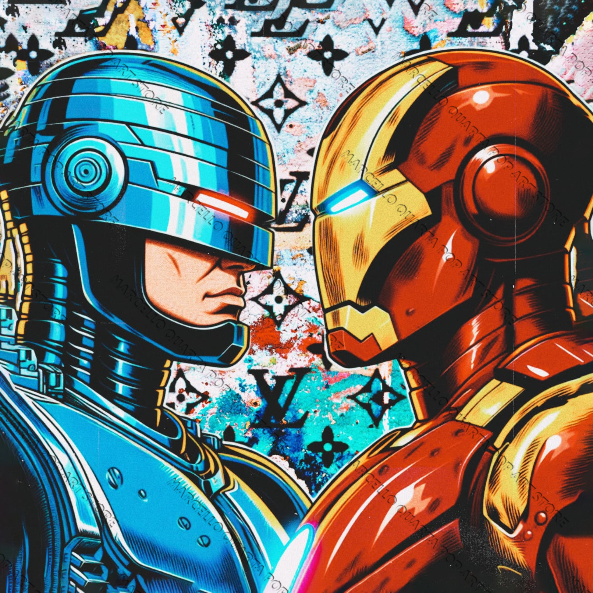 Quadro pop art “Luxury Clash” di Marcello Quarta – Robocop e Iron Man tra icone di lusso e graffiti urbani su tela