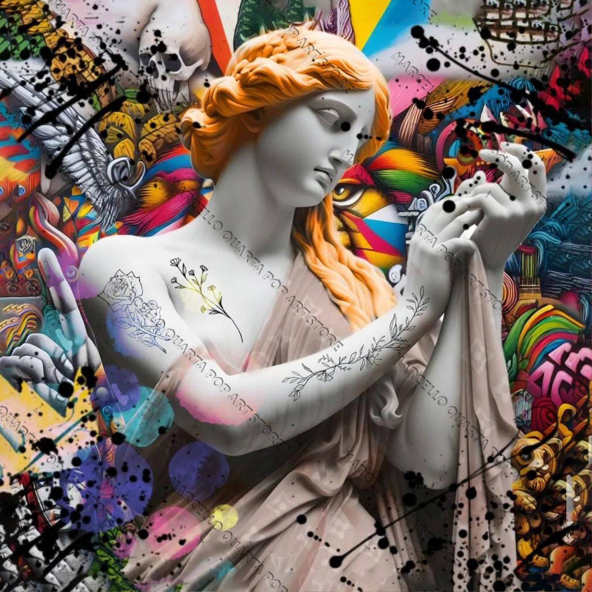 Statua della Venere reinterpretata da Marcello Quarta in stile pop art urbana, con graffiti e colori vivaci