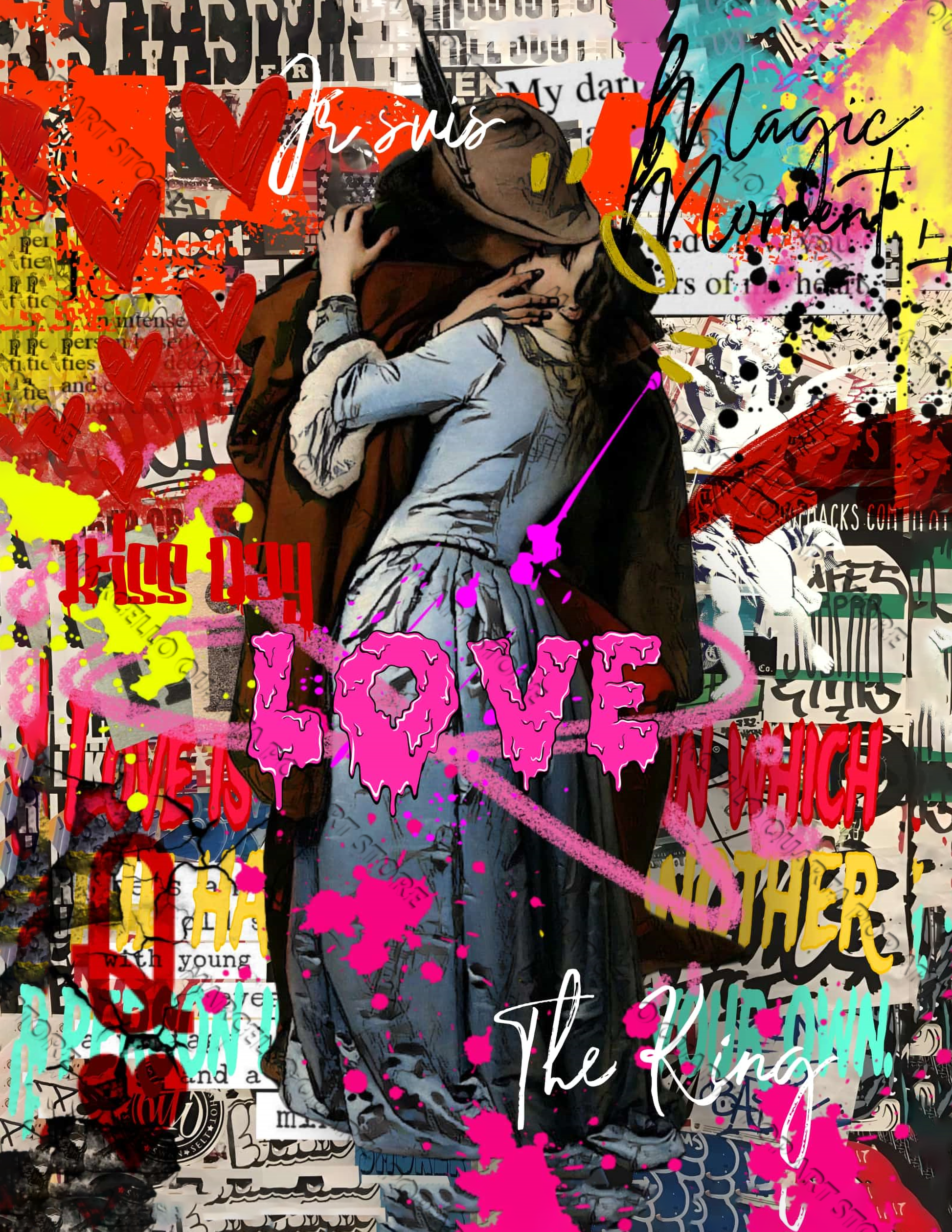 Opera pop art di Marcello Quarta con bacio romantico tra graffiti, scritte fluo e cultura urbana contemporanea