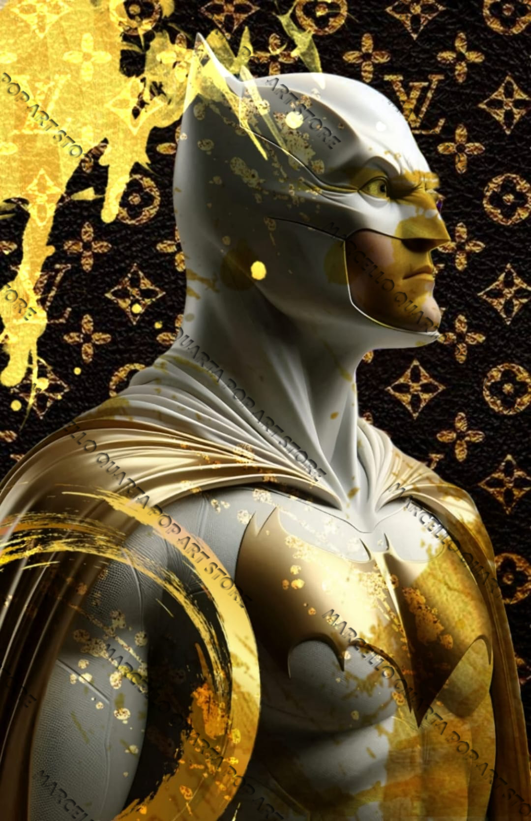 Batman dorato in stile pop art di Marcello Quarta su sfondo Louis Vuitton, tra simbolismo di lusso, giustizia e potere contemporaneo