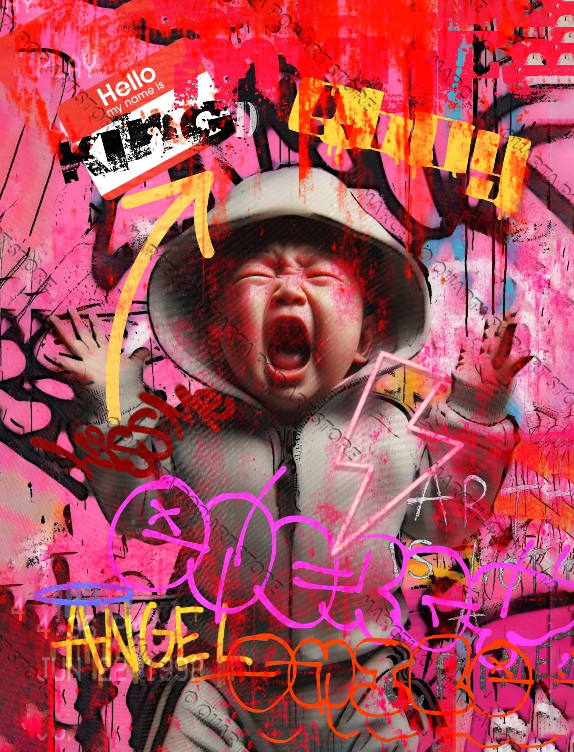 Opera pop art urbana di Marcello Quarta con figura infantile mascherata tra graffiti rosa, lettering e simboli di protesta