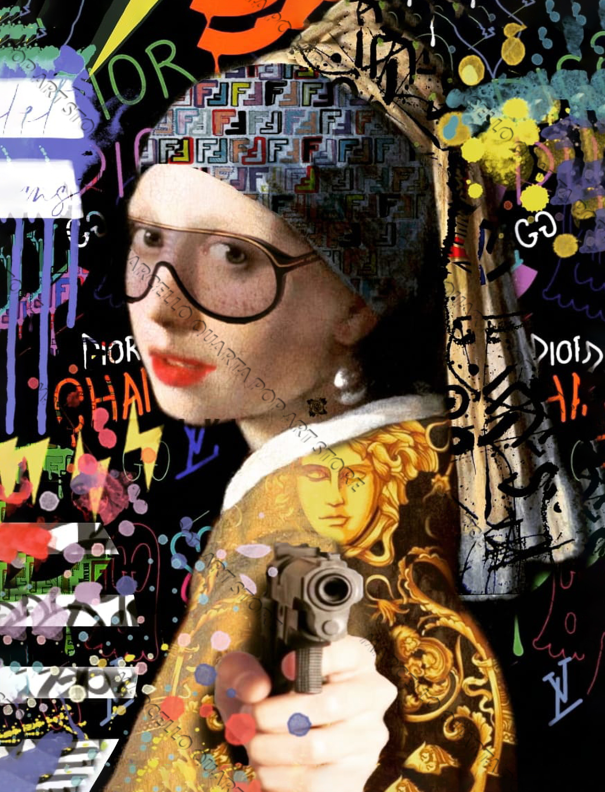 La Ragazza con l’orecchino di perla armata, con turbante Fendi e graffiti di brand sullo sfondo, icona ribelle e urbana