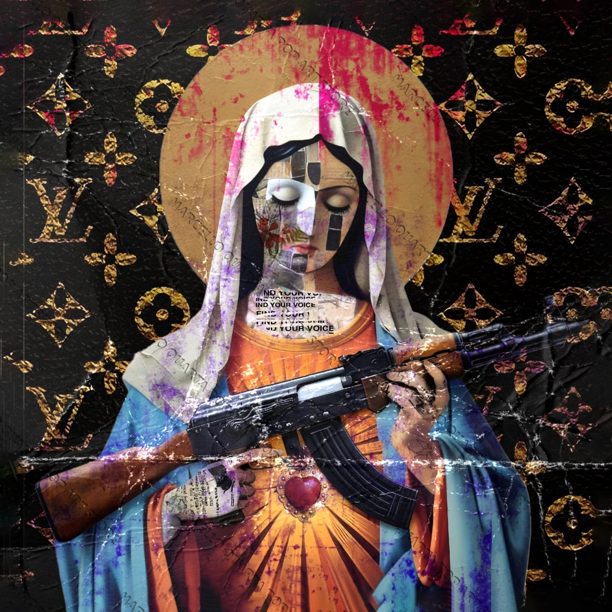 Quadro pop art “Madonna Mia” di Marcello Quarta – Vergine armata in stile street art su tela, arte provocatoria e urbana