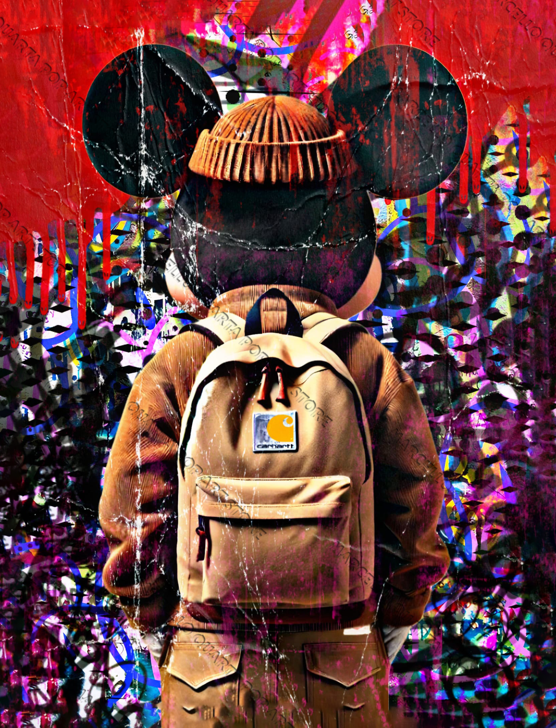 Topolino reinterpretato in chiave urbana da Marcello Quarta, con zaino Carhartt su sfondo di graffiti e caos pop art contemporaneo